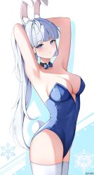 Rule 34 | 1girl, animal ears, armpits, arms up, artist name, ayaka (genshin impact), bare arms, bare shoulders, black choker, blue eyes, blue hair, blue leotard, breasts, choker, cleavage, commentary, cowboy shot, fake animal ears, fake tail, genshin impact, leotard, long hair, looking at viewer, medium breasts, parted lips, playboy bunny, rabbit ears, rabbit tail, simple background, solo, standing, strapless, strapless leotard, tail, thighhighs, thighs, very long hair, white background, white thighhighs, yeni1871