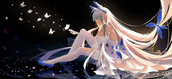 Rule 34 | 1girl, absurdly long hair, absurdres, azur lane, backless dress, backless outfit, blue eyes, blue footwear, blue gemstone, breasts, bug, butterfly, cleavage, cocktail dress, dress, elbow gloves, feather hair ornament, feathers, garter straps, gem, gloves, hair ornament, high heels, highres, illustrious (azur lane), illustrious (illustrious ball) (azur lane), insect, large breasts, long dress, long hair, mole, mole under eye, sitting, solo, strapless, strapless dress, thighhighs, very long hair, white dress, white gloves, white hair, white thighhighs, wjn-rance