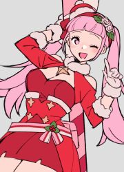Rule 34 | 1girl, belt, blunt bangs, blush, bodice, breasts, candy, candy cane, christmas, cleavage, clothing cutout, do m kaeru, dress, female focus, fire emblem, fire emblem: three houses, fire emblem heroes, food, fur-trimmed gloves, fur-trimmed headwear, fur-trimmed sleeves, fur collar, fur trim, gloves, grey background, hairband, hat, hilda valentine goneril, holding, holding candy, holding candy cane, holding food, index finger raised, large breasts, long hair, long sleeves, looking at viewer, matching hair/eyes, mini hat, nintendo, official alternate costume, one eye closed, open mouth, pink belt, pink eyes, pink hair, red dress, red hairband, red headwear, santa costume, shoulder cutout, simple background, smile, solo, twintails, very long hair, white gloves, wink