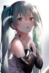 Rule 34 | 1girl, absurdres, black nails, black sleeves, blush, crying, crying with eyes open, detached sleeves, fingernails, from side, gradient background, green eyes, green hair, grey shirt, hands on own neck, hatsune miku, highres, huge filesize, knowa, long fingernails, long hair, long sleeves, looking at viewer, looking to the side, nail polish, open mouth, own hands together, shirt, solo, tears, twintails, upper body, very long hair, vocaloid, white background