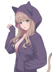Rule 34 | 1girl, :o, animal hood, breasts, brown hair, cat hood, cat tail, dot nose, green eyes, gridman universe, highres, hood, hooded jacket, jacket, long hair, long sleeves, looking at viewer, medium breasts, mikazuchi zeus, minami yume, no shirt, paw pose, simple background, solo, ssss.dynazenon, tail, white background
