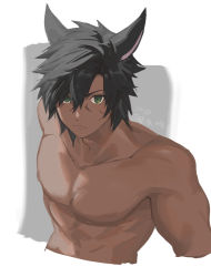 1boy animal_ears warrior_of_light_(ff14) bad_id bad_pixiv_id black_hair cat_boy closed_mouth collarbone cropped_arms cropped_torso dark-skinned_male dark_skin dated final_fantasy final_fantasy_xiv green_eyes looking_at_viewer male_focus miqo&#039;te mn_(zig_r14) nude pectorals short_hair solo toned toned_male twitter_username upper_body