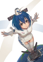 Rule 34 | 1girl, american flag, badge, blue hair, boots, breasts, bridal gauntlets, brown eyes, character name, closed mouth, clothes writing, dress, earth (planet), falcon 9, from above, giant, giantess, hair between eyes, headgear, highres, looking at viewer, original, outstretched arms, personification, pinakes, planet, short hair, smile, solo, spacex, spacex falcon 9, standing, thigh gap, thighhighs, v-shaped eyebrows, white dress, white thighhighs