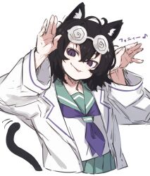 Rule 34 | 1girl, absurdres, animal ears, black eyes, black hair, cat ears, cat girl, cat tail, closed mouth, coke-bottle glasses, eyewear on head, fang, fang out, glasses, green skirt, highres, lab coat, long sleeves, looking at viewer, original, pleated skirt, round eyewear, short hair, simple background, skirt, solo, tail, tongue, tongue out, translation request, upper body, white background, zizi niisan