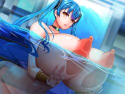 Rule 34 | 1girl, against glass, amane shion, armband, big areolas, blue hair, blush, breast press, breasts, choker, curvy, eight world, erection, gigantic breasts, huge areolae, huge nipples, long hair, looking at viewer, nipples, nude, open mouth, original, partially submerged, pool, puffy nipples, shiny skin, solo, twintails, wide hips, yellow eyes