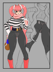 Rule 34 | 1girl, absurdres, anythinggoes, bag, belt, boots, breasts, casual, drinking, eyelashes, handbag, highres, large breasts, leggings, long hair, long sleeves, mittens, one piece, perona, pink hair, see-through, shirt, solo, striped clothes, striped shirt, thong, twintails, very long hair