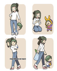 Rule 34 | 1boy, 1girl, aged down, all might, all might (cosplay), bag, boku no hero academia, breasts, carrying, child, closed eyes, closed mouth, commentary request, cosplay, denim, freckles, full body, green hair, hood, hood up, jeans, kneeling, koo1088, long hair, long sleeves, looking at another, medium breasts, midoriya inko, midoriya izuku, mother and son, open mouth, pants, piggyback, ponytail, shirt, shoes, shopping bag, short hair, simple background, sleeping, smile, standing, walking, white shirt