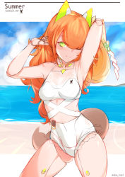 Rule 34 | 1girl, absurdres, android, arms up, bare arms, bare shoulders, beach, blue sky, blush, braid, casual one-piece swimsuit, choumi wuti (xueye fanmang zhong), closed mouth, cloud, cloudy sky, collarbone, commentary request, copyright request, covered navel, day, green eyes, groin, headgear, highres, horizon, joints, long hair, ocean, one-piece swimsuit, one eye closed, orange hair, robot joints, sand, shide, sky, solo, swimsuit, tail, very long hair, virtual youtuber, water, white one-piece swimsuit