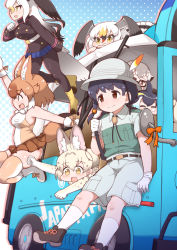 Rule 34 | 6+girls, :3, animal ear fluff, animal ears, bag, bald eagle (kemono friends), bare arms, bare shoulders, bird girl, bird tail, bird wings, black-tailed gull (kemono friends), black hair, blonde hair, blowhole, blue hair, boots, brown eyes, brown hair, bucket hat, captain (kemono friends), closed eyes, closed mouth, commentary request, common dolphin (kemono friends), dhole (kemono friends), dog ears, dog girl, dog tail, dorsal fin, elbow gloves, extra ears, furrowed brow, glasses, gloves, grey hair, hair between eyes, hat, hat feather, head wings, highres, jumping, kemono friends, kemono friends 3, long hair, long sleeves, looking afar, looking at another, lying, medium hair, meerkat (kemono friends), meerkat ears, microskirt, motor vehicle, multicolored hair, multiple girls, nose bubble, on stomach, open mouth, outstretched arms, pantyhose, pleated skirt, red hair, serval print, shirt, shoes, short hair, short sleeves, shorts, side ponytail, skindentation, skirt, sleeping, sleeveless, sleeveless shirt, smile, socks, tail, tanaka kusao, thighhighs, two-tone hair, white hair, white serval (kemono friends), wings, yellow eyes, zettai ryouiki