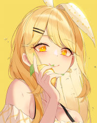 Rule 34 | 1girl, bare shoulders, blonde hair, blush, bow, bright pupils, closed mouth, collarbone, commentary, daimi 94, earrings, food, food-themed earrings, food themed earrings, fruit, green nails, hair bow, hair ornament, hairpin, highres, holding, holding food, holding fruit, jewelry, lemon, lemon earrings, long hair, looking at viewer, nail polish, off-shoulder shirt, off shoulder, original, polka dot, shirt, simple background, smile, solo, swept bangs, symbol-only commentary, upper body, yellow background, yellow eyes, yellow theme