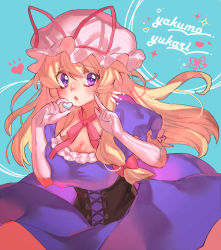 Rule 34 | 1girl, blonde hair, blush, bow, breasts, character name, cleavage, dress, gloves, hair bow, hat, hat ribbon, heart, highres, holding, index finger raised, large breasts, long hair, looking at viewer, masanaga (tsukasa), mob cap, neck ribbon, open mouth, puffy short sleeves, puffy sleeves, purple dress, purple eyes, red bow, red ribbon, ribbon, short sleeves, sidelocks, solo, touhou, white gloves, white hat, yakumo yukari