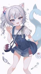 Rule 34 | 1girl, :d, absurdres, animal ear fluff, animal ears, arm behind back, collarbone, commentary request, fangs, feet out of frame, fins, fish tail, foreshortening, gawr gura, grey background, grey eyes, grey hair, grey nails, highres, hololive, hololive english, kimu (yyhhoo23232), legs apart, looking at viewer, nail polish, one side up, open mouth, paw pose, shark tail, shirt, short hair, simple background, smile, solo, standing, tail, thighs, virtual youtuber, water drop, white shirt