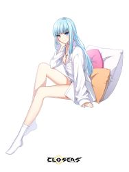 Rule 34 | 1girl, blue eyes, blue hair, breasts, closers, collared shirt, full body, hand on own cheek, hand on own face, highres, invisible chair, jewelry, knee up, long hair, long legs, long sleeves, looking at viewer, medium breasts, necklace, official art, partially unbuttoned, pillow, shirt, short shorts, shorts, sitting, smile, socks, solo, thighs, v-shaped eyebrows, violet (closers), white shirt, white socks
