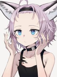 Rule 34 | 1girl, absurdres, aer7o, animal ear fluff, animal ears, arknights, bare arms, bare shoulders, black choker, black hairband, black tank top, blue eyes, choker, closed mouth, collarbone, commentary request, forehead, fox ears, grey background, hairband, hands up, highres, looking away, material growth, oripathy lesion (arknights), purple hair, simple background, solo, sussurro (arknights), tank top, upper body