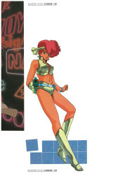 Rule 34 | 1980s (style), 1girl, absurdres, aiming, aiming at viewer, boots, bracelet, dark-skinned female, dark skin, dirty pair, earrings, full body, gloves, gun, handgun, highres, holding, holding gun, holding weapon, jewelry, kei (dirty pair), knee boots, midriff, navel, non-web source, official art, oldschool, red eyes, red hair, retro artstyle, scan, short hair, single glove, solo, weapon, yuri (dirty pair)