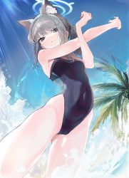 Rule 34 | aida (chinhung0612), animal ear fluff, animal ears, beach, black one-piece swimsuit, blue archive, cat ears, cross, highres, inverted cross, one-piece swimsuit, school swimsuit, shiroko (blue archive), swimsuit, thighs, water