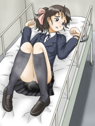 Rule 34 | 1girl, bdsm, bed, brown hair, cuffs, female focus, full body, handcuffs, humiliation, indoors, panties, ponytail, school uniform, shoes, socks, solo, underwear