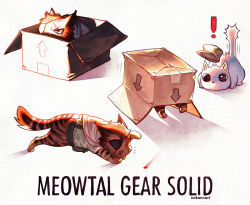 Rule 34 | !, 2boys, animal, animal focus, animalization, big boss, box, cardboard box, cat, clothed animal, eyepatch, hat, in box, in container, metal gear (series), multiple boys, nana nakano, no humans, shadow, simple background, white background