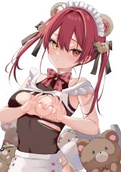 Rule 34 | 1girl, animal ears, apron, bare shoulders, bear ears, black ribbon, blush, breasts, covered navel, fake animal ears, hair between eyes, hair ribbon, heart, heart-shaped boob challenge, heart hands, heterochromia, highres, hololive, houshou marine, long hair, looking at viewer, medium breasts, one breast out, red eyes, red hair, ribbon, rikotan, solo, stuffed animal, stuffed toy, teddy bear, torn clothes, twintails, virtual youtuber, white apron, yellow eyes