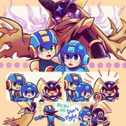 Rule 34 | 3boys, bass (mega man), black hair, blue eyes, closed eyes, english text, green eyes, highres, humanoid robot, laser-lance, looking at another, male focus, mega man (character), mega man (classic), mega man (series), mega man battle network, mega man battle network (series), megaman.exe, multiple boys, open mouth, red eyes, robot, short hair, speech bubble, teeth, torn clothes, upper teeth only