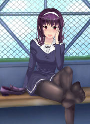 Rule 34 | 1girl, bench, blush, feet, hairband, hand on own cheek, hand on own face, highres, kasumigaoka utaha, crossed legs, loafers, long hair, looking at viewer, open mouth, pantyhose, pov, red eyes, saenai heroine no sodatekata, school uniform, shoes, unworn shoes, single shoe, sitting, soles
