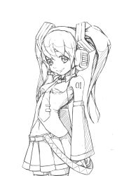Rule 34 | 1girl, bad id, bad pixiv id, bare shoulders, cowboy shot, detached sleeves, greyscale, hatsune miku, headset, iorlvm, long hair, monochrome, necktie, pleated skirt, sketch, skirt, smile, solo, standing, thighhighs, twintails, vocaloid, white background