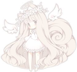 Rule 34 | 1girl, angel, angel wings, animal ear fluff, animal ears, ankle flower, ankle garter, barefoot, blonde hair, blush, blush stickers, chibi, clenched hand, commentary, curly hair, detached wings, dress, english commentary, feathered wings, floral dress, flower, fox ears, fox girl, grey eyes, hair ornament, halo, hand up, head wreath, holding, holding flower, leaf hair ornament, littlebluemuffin, long hair, long sleeves, looking at viewer, original, parted lips, petals, puffy long sleeves, puffy sleeves, short dress, transparent background, very long hair, wavy hair, white dress, white flower, white wings, wings