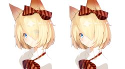 Rule 34 | 1girl, animal ears, artist name, blonde hair, blue eyes, bow, bowtie, brown bow, brown bowtie, closed mouth, comparison, eyes visible through hair, fox ears, frilled shirt collar, frills, hair bow, hair over one eye, highres, looking at viewer, meth (emethmeth), multiple views, original, portrait, short hair, signature, simple background, sketch, striped bow, striped bowtie, striped clothes, striped neckwear, upper body, white background