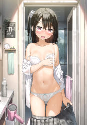 Rule 34 | 1girl, absurdres, bag, bathroom, black hair, blush, bow, bow panties, bra, breasts, clothes pull, day, doorway, hair between eyes, hair dryer, hair ornament, hair scrunchie, hand on own chest, highres, indoors, kantoku, looking at viewer, medium breasts, navel, non-web source, off shoulder, one side up, open clothes, open mouth, open shirt, original, panties, pink eyes, plaid, plaid skirt, pleated skirt, pov doorway, scan, school uniform, scrunchie, shirt, shizuku (kantoku), short hair, skirt, skirt pull, solo, tearing up, tears, teeth, thigh gap, underwear, undressing, upper teeth only, wet, wet clothes, wet hair, wet panties, wet shirt, white bra, white panties