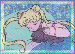 Rule 34 | animal, bishoujo senshi sailor moon, black cat, blonde hair, bow, cat, closed eyes, double bun, hair bow, hair bun, happy, luna (sailor moon), on bed, pink bow, retro artstyle, sailor moon, sleeping, smile, star (symbol), yui (jisatsu)