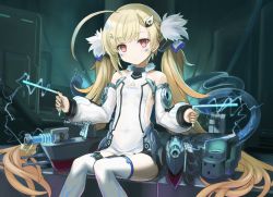 Rule 34 | 1girl, ahoge, azur lane, blonde hair, commentary request, detached sleeves, dress, dual wielding, eldridge (azur lane), facial mark, fur, hair ornament, hairclip, highres, holding, long hair, looking at viewer, machinery, pole, red eyes, sidelocks, sitting, solo, thighhighs, tokisaka ena, turret, twintails, white dress, white thighhighs, zettai ryouiki