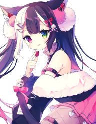 Rule 34 | 1girl, animal ears, bell, black hair, colored tips, commission, crescent, crescent hair ornament, food, fruit, green eyes, hair ornament, hairclip, indie virtual youtuber, long hair, multicolored hair, pink eyes, pink hair, pom pom (clothes), pom pom hair ornament, qiu yue (vtuber), skeb commission, strawberry, tail, tail ornament, tongue, tongue out, twintails, virtual youtuber, white hair, x hair ornament, yamucooo