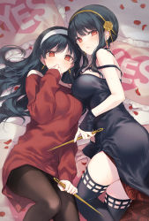Rule 34 | 2girls, bed sheet, black dress, black hair, black thighhighs, blush, breasts, brown pantyhose, commentary request, dagger, dress, dual persona, earrings, floral print, flower, gold earrings, gold hairband, hair down, hair ornament, hairband, hand up, highres, holding, holding dagger, holding knife, holding weapon, jewelry, knife, large breasts, long hair, looking at viewer, lying, multiple girls, on back, on side, pantyhose, parted lips, petals, pillow, red eyes, red sweater, rose, rose petals, rose print, sidelocks, silltare, spikes, spy x family, stiletto (weapon), sweat, sweater, sweater dress, thighhighs, two-sided dress, two-sided fabric, weapon, white hairband, yes-no pillow, yor briar