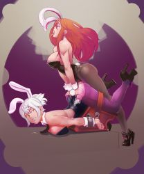 Rule 34 | 2girls, bare shoulders, battle bunny riven, breasts, clenched teeth, futa with female, futanari, highres, katarina (league of legends), large breasts, league of legends, leotard, long hair, multiple girls, nipple slip, nipples, open mouth, pink eyes, playboy bunny, red hair, riven (league of legends), sex, sex from behind, short hair, sideboob, teeth, tongue, tongue out, white hair, yellow eyes