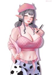Rule 34 | 1girl, absurdres, animal print, artist name, belt, beret, breasts, brown eyes, choker, cow print, elf, grey hair, hand on own hip, hat, highres, holding, holding stylus, jacket, large breasts, lipstick, long hair, looking at viewer, makeup, navel, nyiccco, original, pink choker, pink hat, pointy ears, simple background, solo, stylus, white background