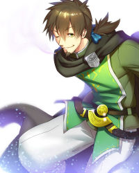 Rule 34 | 1boy, bad id, bad pixiv id, beard, black cape, blue ribbon, brown hair, cape, cigarette, commentary request, facial hair, fate/grand order, fate (series), goatee, green eyes, green shirt, hair between eyes, hair ribbon, hector (fate), looking at viewer, male focus, one eye closed, pants, parted lips, ponytail, ribbon, shirt, simple background, smile, smoke, smoking, solo, spiked hair, teeth, waku (ayamix), white background, white pants