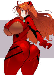 Rule 34 | 1girl, absurdres, alternate breast size, ass, blue eyes, bodysuit, breasts, brown hair, cowboy shot, curvy, floating hair, grin, hair between eyes, highres, huge ass, huge breasts, kouno (masao), long hair, looking at viewer, looking back, narrow waist, neon genesis evangelion, plugsuit, red bodysuit, shiny clothes, shiny skin, simple background, smile, solo, souryuu asuka langley, turtleneck, two side up, wide hips