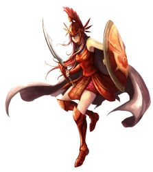 Rule 34 | 1girl, alternate costume, armor, boots, cape, full body, greaves, green eyes, helmet, league of legends, leg armor, leona (league of legends), long hair, orange hair, perzeusblade, shield, simple background, solo, sword, weapon, white background