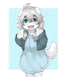 Rule 34 | 1girl, absurdres, ahoge, animal ears, blue dress, blue eyes, blue jacket, blush, cropped jacket, dog ears, dog tail, dress, fangs, female focus, furry, furry female, glasses, grey hair, highres, jacket, koishi chikasa, looking at viewer, low twintails, messy hair, original, rimless eyewear, solo, tail, teeth, thick eyebrows, twintails