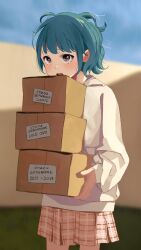 Rule 34 | 1girl, baggy clothes, blue hair, blue sky, blunt bangs, blurry, blurry background, box, box stack, brown eyes, cardboard box, commentary, cowboy shot, cyrillic, grass, hair strand, highres, holding, holding box, hood, hood down, hoodie, katya (servachok), label, long sleeves, looking at viewer, messy hair, open mouth, original, pink skirt, plaid, plaid skirt, russian commentary, russian text, servachok, short hair, skirt, sky, solo, translated, upturned eyes, wall, white hoodie