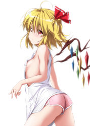 Rule 34 | 1girl, ass, bare arms, bare shoulders, blonde hair, breasts, commentary request, cowboy shot, crystal, dolphin shorts, fingernails, flandre scarlet, from side, hair between eyes, hair ribbon, half-closed eyes, highres, long fingernails, long hair, looking at viewer, no bra, nori tamago, oversized clothes, parted lips, red eyes, red ribbon, ribbon, shirt, short shorts, shorts, simple background, small breasts, solo, standing, tank top, thighs, touhou, white background, white shirt, wings