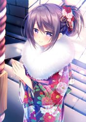 Rule 34 | 1girl, blush, brown hair, closed mouth, commentary request, floral print, flower, fur collar, hair between eyes, hair flower, hair ornament, japanese clothes, kimono, long sleeves, original, own hands together, praying, print kimono, purple eyes, red flower, smile, solo, sorai shin&#039;ya, stairs, stone stairs, water, white flower
