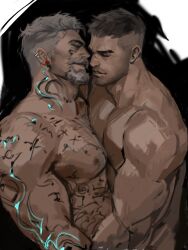 Rule 34 | 2boys, bara, beard, beard stubble, black hair, chest hair, david king (dead by daylight), dead by daylight, dopey (dopq), facial hair, from side, full-body tattoo, glowing tattoo, goatee, grey hair, highres, imminent kiss, large pectorals, long sideburns, male focus, mature male, multiple boys, muscular, muscular male, nipples, nude, old, old man, pectoral docking, pectoral press, pectorals, scar, scar across eye, seductive smile, short hair, sideburns, smile, stubble, tattoo, thick eyebrows, thick mustache, undercut, upper body, vittorio toscano, yaoi