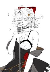 Rule 34 | 1girl, ahoge, animal ear fluff, animal ears, bare shoulders, black choker, bow, breasts, character request, choker, cleavage, closed eyes, collarbone, commentary, copyright request, dress, english commentary, flower, hair ornament, highres, jewelry, large breasts, mayuuda, medium hair, microphone, microphone stand, musical note, off shoulder, open mouth, pendant, simple background, sketch, solo, upper body, white background