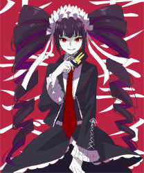 Rule 34 | 10s, 1girl, bad id, bad pixiv id, black hair, bonnet, card, celestia ludenberg, character name, claw ring, danganronpa: trigger happy havoc, danganronpa (series), drill hair, frills, gothic lolita, lolita fashion, long hair, necktie, okuragon, playing card, red background, red eyes, smile, solo, twin drills, twintails