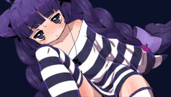 Rule 34 | 1girl, alice (criminal girls), blush, body blush, braid, criminal girls, game cg, ichihaya, long hair, lowres, official art, purple eyes, purple hair, shirt, simple background, sleeves past wrists, solo, striped clothes, striped shirt, striped thighhighs, thighhighs, twin braids