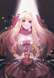 Rule 34 | 1girl, bare shoulders, blonde hair, blue eyes, breasts, bug, butterfly, choker, cleavage, dress, earrings, falling petals, flower, gloves, hair ornament, happy birthday, highres, holding, holding microphone, insect, jewelry, large breasts, light rays, long hair, looking at viewer, macross, macross frontier, microphone, petals, pink dress, pleated skirt, red flower, red rose, rose, sechi (stst1850), sheryl nome, single earring, skirt, sleeveless, sleeveless dress, smile, solo, spotlight