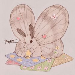 animal_focus artist_name bug commentary elizabeth_(strwbmoth) english_commentary flower full_body grey_background heart highres holding insect instagram_username moth no_humans original simple_background sitting solo star_(symbol) sticker sticker_sheet