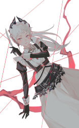 Rule 34 | 1girl, arknights, belt, black belt, black gloves, black shirt, closed mouth, dress, earrings, eyelashes, frills, gloves, grey eyes, hand up, highres, holding, holding knife, irene (arknights), jewelry, knife, long hair, looking at viewer, pink ribbon, puffy sleeves, ribbon, shirt, solo, till-valhalla, white background, white dress, white hair