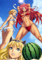 Rule 34 | 3girls, abs, absurdres, armpits, arms up, ass, bikini, blonde hair, blue eyes, braid, breasts, cleavage, clenched teeth, covered erect nipples, earrings, eiwa, elina (queen&#039;s blade), food, fruit, grin, hairband, headband, highres, huge ass, jewelry, large breasts, leina (queen&#039;s blade), long hair, mace, multiple girls, muscular, purple eyes, queen&#039;s blade, red hair, risty (queen&#039;s blade), sand, short hair, side-tie bikini bottom, smile, sweat, swimsuit, teeth, toned, twin braids, twintails, underboob, watermelon, weapon, worried
